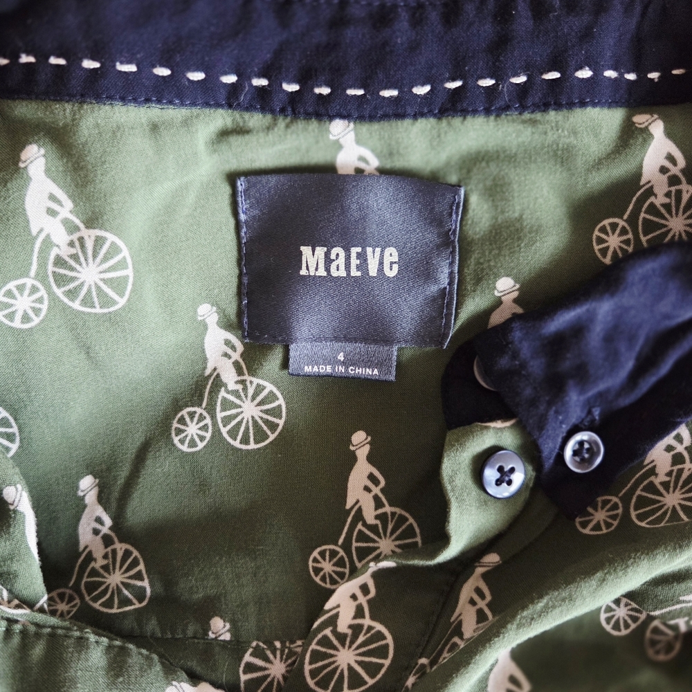 Maeve Anthropologie Green Bicycle Print Button Down Blouse Womens Size 4 - Picture 4 of 5